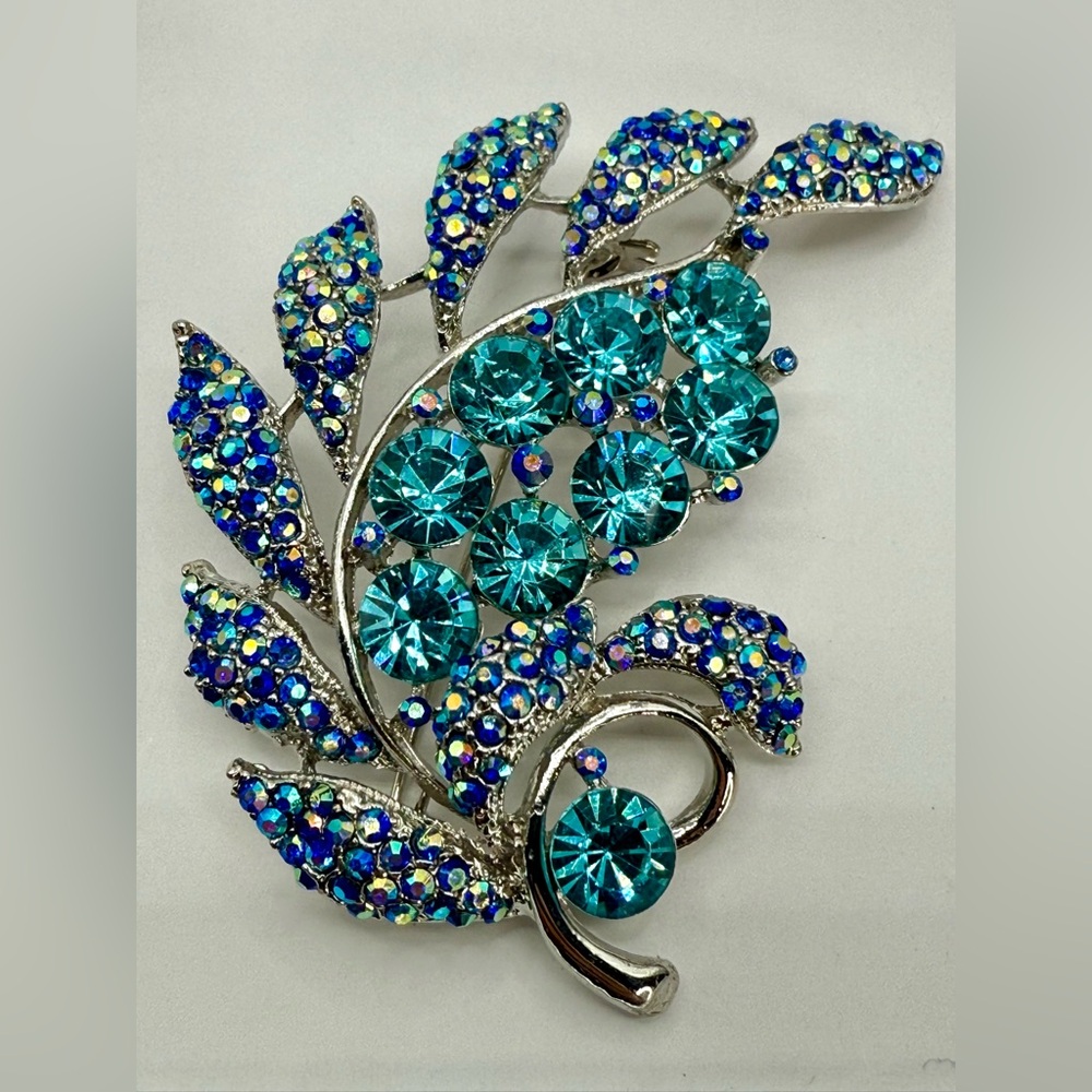Vintage Aqua Blue Rhinestone Leaf Spray Brooch – Aurora Borealis Floral Design
